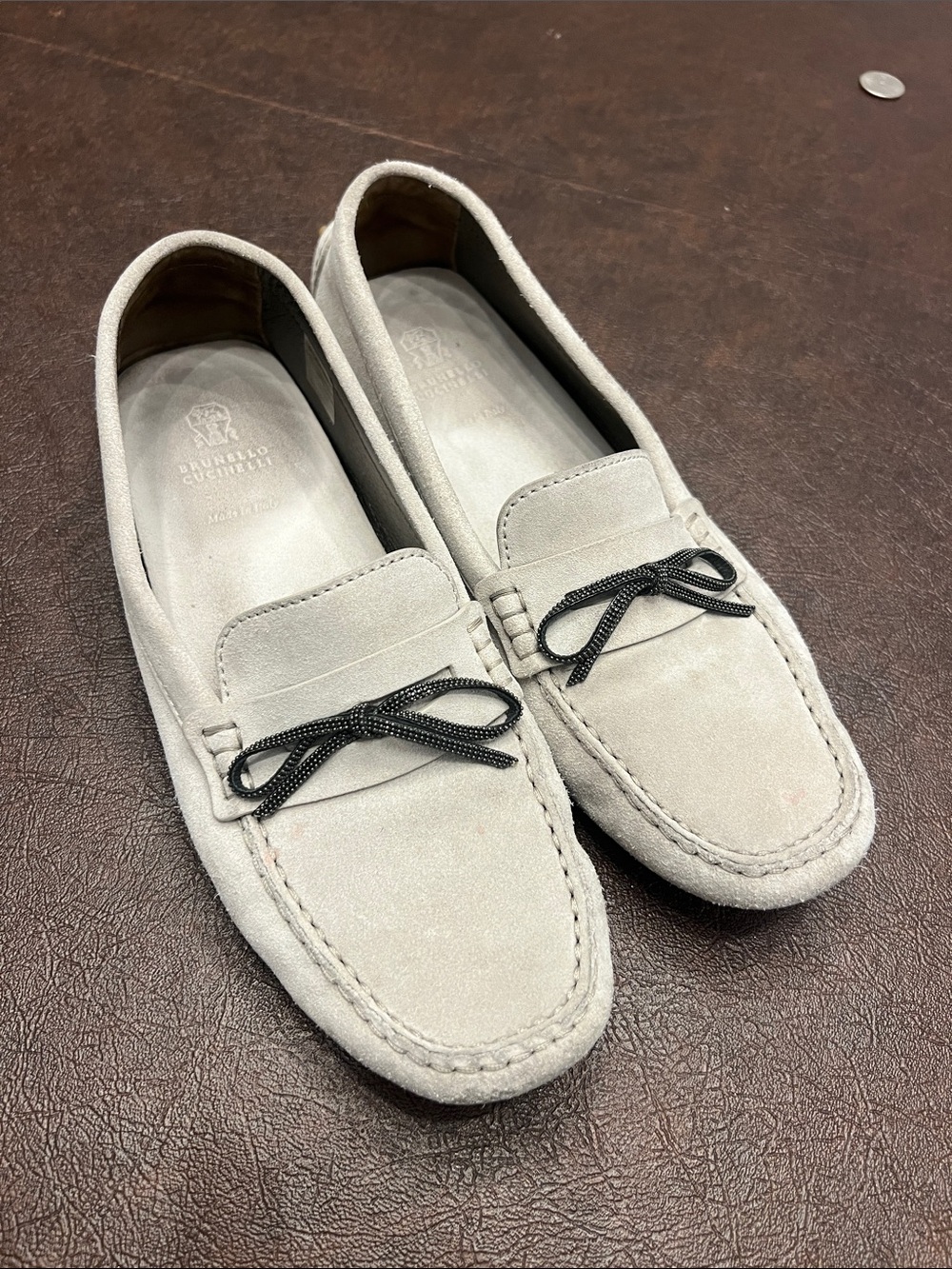 Brunello Cucinelli Light Gray Suede Loafers with Black Bow